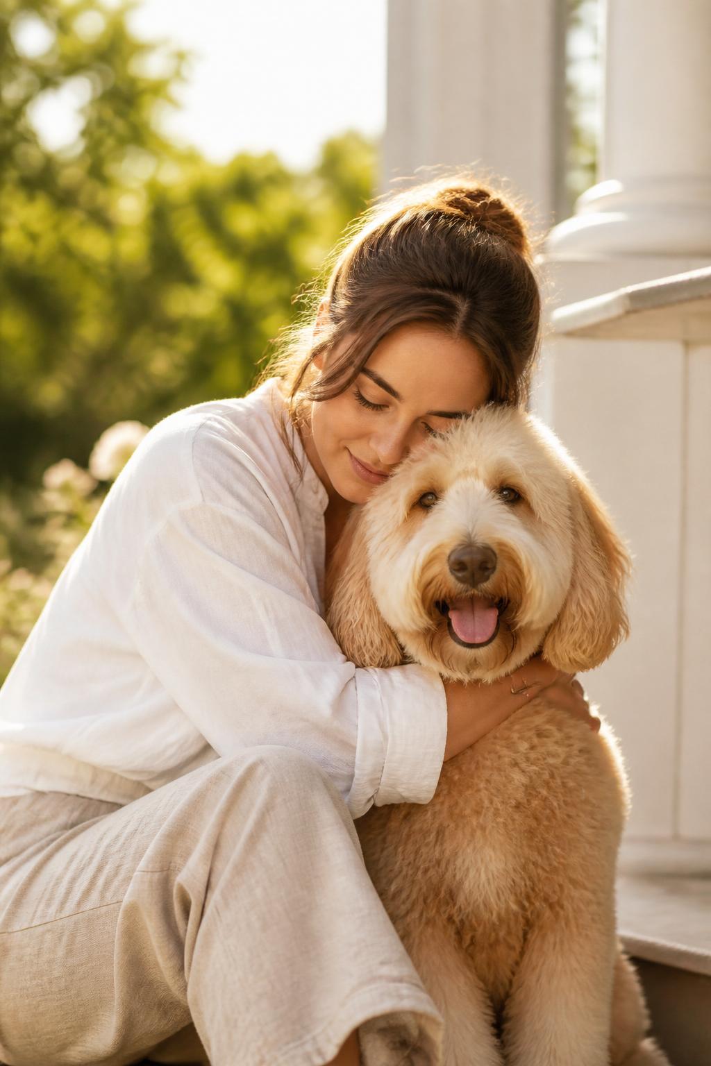 A grooming customer hugging her dog on a sunlit porch.